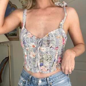 dances&Marvel Floral Lace Corset Top, Blue Boho Tie Strap Crop - Size M